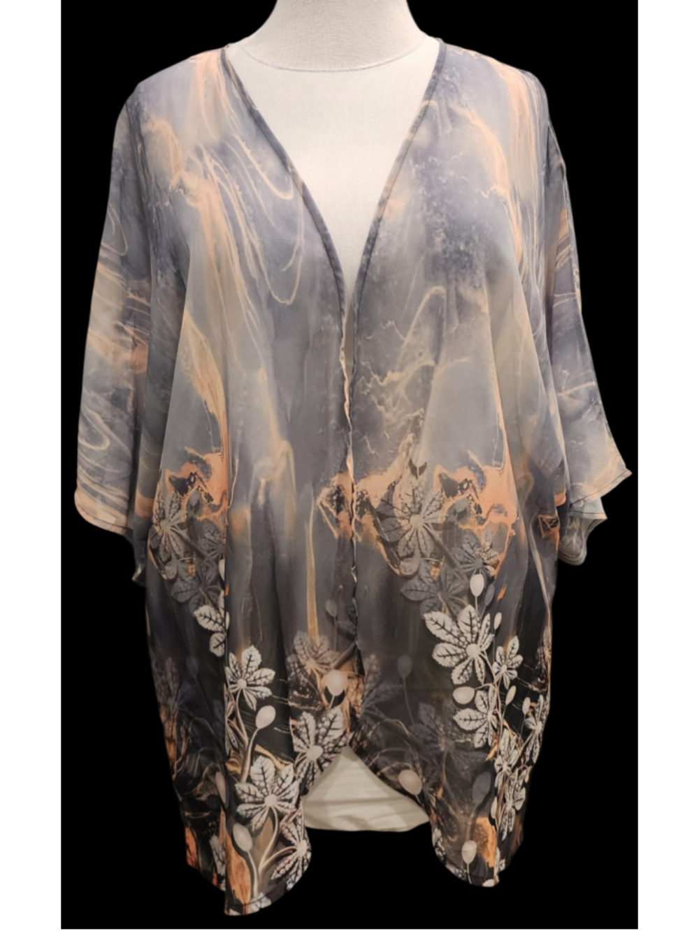 Boho Kimono Cardigan Women XL Gray Peach Abstract Floral Sheer Wrap